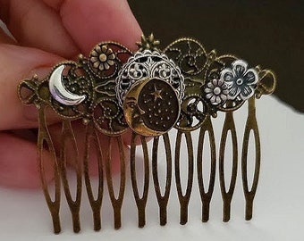 Celestial Haircomb | Crescent Moon and Sun Hair Accessory | Vintage Look Hair Pin | Man in the Moon | Bronze Floral Hairpiece | Gift for Her