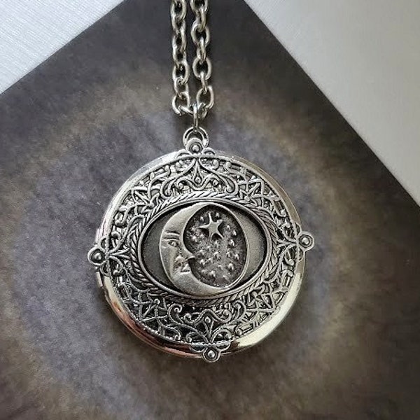 Moon Stars Locket | Art Nouveau Necklace | Large Celestial Pendant | Decorative Design | Fantasy Astrology | Star Gaze Dreamy Unique Gift