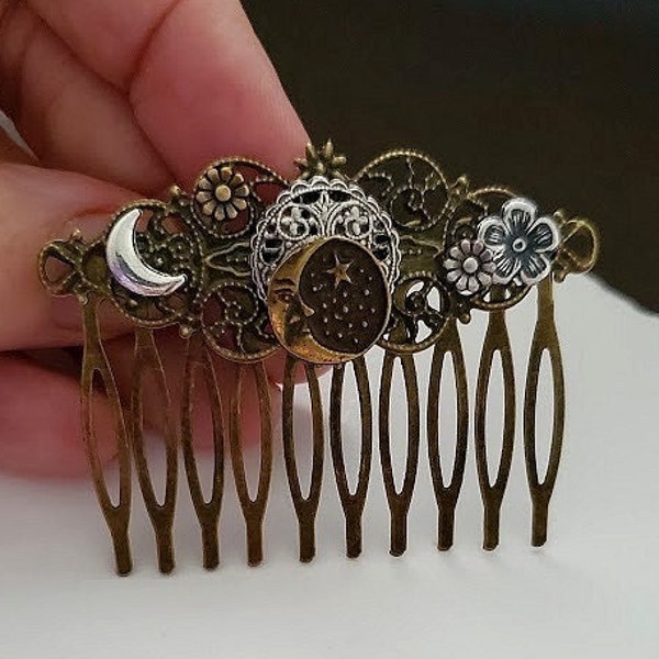 Celestial Haircomb | Crescent Moon and Sun Hair Accessory | Vintage Look Hair Pin | Man in the Moon | Bronze Floral Hairpiece | Gift for Her