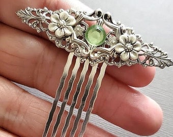 シルバーフローラル装飾ヘアコーム | ライトグリーンクリスタルフラワーヘアコーム | ビクトリアンフェミニン | ブライダルラインストーンヘアピース | ウェディングコーム