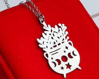 Colgante de caldero de brujas / Collar de fase lunar de Halloween / Joyería de estrellas celestiales brujas / Acero inoxidable cortado con láser / Magia de hechizos de olla hirviendo