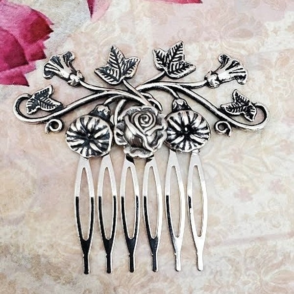 Flower Haircomb |  Silver Rose Bridal Hair Comb | Leaf Hair Accessory | Woodland Forest Hair Styles | Wedding Hairpiece Jewelry | Dream Core