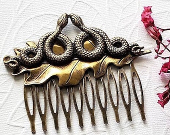 Double Snake Hair Comb | Bronze Oak Leaf Hairpiece | Herpetology | Serpent Hair Accessories | Steampunk |Hair Adornment Reptile Lover