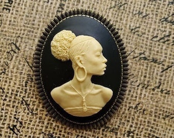 African Cameo Brooch Black Brown Lady Girl Female Tribal Ethnic Culture Unisex Male Suit Pin
