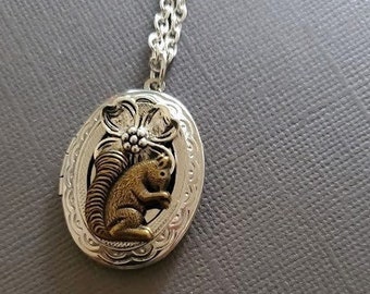 Cute Squirrel Locket Necklace ~ Silver Flower Petal ~ Charming Whimsical Nature ~ Animal Lover EA792