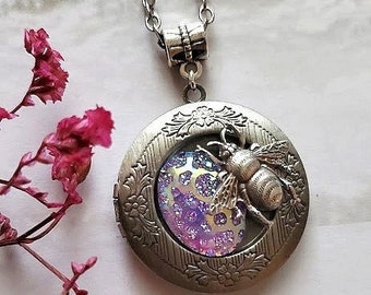 Bumble Bee Necklace | Vintage Style Locket | Purple Fire Opal | Silver Jewelry | Silver Bumble Bee Charm | Fire Opal Pendant
