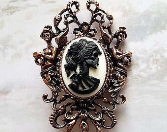 Copper Bronze Skeleton Brooch | Goth Pin Accessories | Cameo Black White | Halloween | Feminine Victorian Skeleton Brooch | Steampunk Gift |