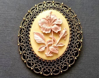Pink cameo Flower | Gold Cameo Brooch | Cream mauve Pink Accessory | Christmas Gift