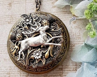 Large Locket Necklace Animal Deer Forest Thistle Flower Bronze Brass Jewelry Art Design Vintage Style EA848