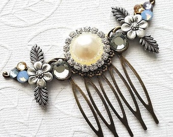 Bridal PEARL HAIRCOMB | Rhinestone Hair Comb | Bridal Flower A+ Quality Crystal | Wedding Floral HAIRPIECE | Aesthetic | Floral Coquette