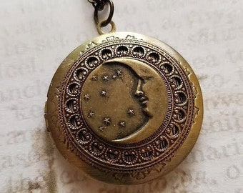 Moon Necklace | Locket | Celestial Brass Bronze | Aesthetic | Celestial Crescent Moon Pendant | Galaxy Luna Jewelry