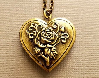 Heart Locket - Rose Engraved - Bronze - Photo Locket - Christmas Gift - Custom Chain Length - Valentines Day