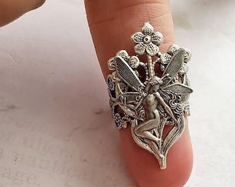 Silver Floral Fairy Ring | Angel Wing Ring | Oxidized Sterling Silver | Victorian Flower Style | Adjustable Oval Ring | Celestial Ring
