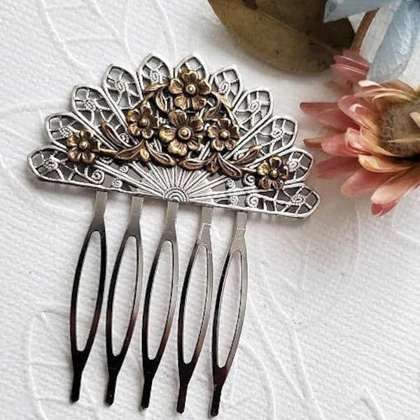 Floral Bridal Comb | Antique Silver Bronze| Bridals Comb | Fantasy Hair Pin| Cosplay Hair Comb |Bun Holder Comb| Bridesmaid Hair Accessories