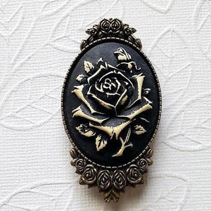 Black Rose Gothic Flower Brooch | Floral Cameo Jewelry | Bronze Brass cameo | Holiday Gift Idea | Cream on Black