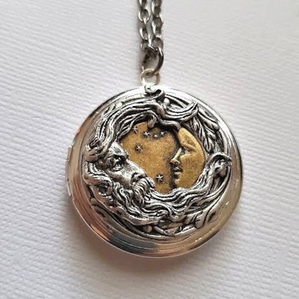 Moon Necklace | Moon Face Locket | Magical Moon Pendant | Magical Double Moon Locket | Silver and Bronze Moon Face