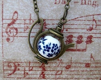 Forget Me Not Necklace - Teapot Necklace - Alice In Wonderland Pressed Flower Jewelry - Birthday Gift - Boho Jewelry - Brass Necklace