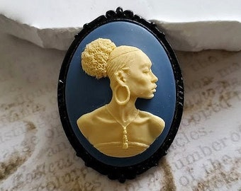 African Lady Cameo | Ethnic Tribal Brooch Pin | Black Brown History | Queen Women | Blue Cream Brooch