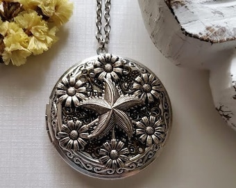 Flower Starfish Locket | Large Silver Necklace | Round Floral Jewelry | Pill Box Photo Locket | Gift Ideas for Her