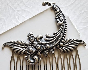 Silver Flower Hair Comb | Antique Look | Victorian Style Flourishes Hairpiece | Bridal Nature | Goddess Charm | Silver Wedding Bun Holder
