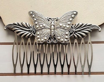 Silver Butterfly Haircomb | Antique Bridal Hair Comb | Fantasy Flower Hairpiece | Cosplay Hair Jewelry | Floral Nature Comb | Gift for Her