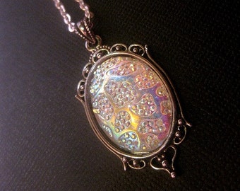 Silver Frame Iridescent Multi Colorful Cabochon Pendant Necklace - Glow - Color Shift