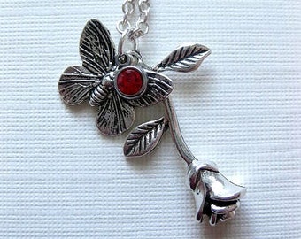 July Birthstone Crystal Necklace Beauty And The Beast Rose Timeless Ruby Red Butterfly Kiss Mothers Day Gift Girlfriend EA716