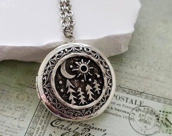 Nature Locket | Silver Moon Necklace | Pine Tree Jewelry | Celestial Sun Pendant | Woodsy Plant Locket | Vintage Style | Gift for Her