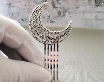 Mond Haarkamm | Crescent Moon Haarstab | Silber Zubehör | Himmlisches Haarteil | Geschenk für sie | Fantasie | Haarspange |