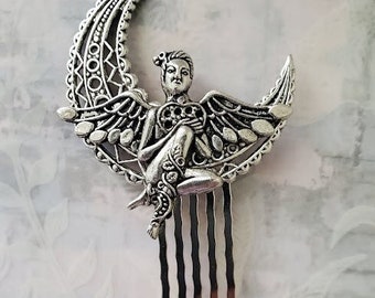 Angel Fairy Haircomb | Moon Comb | Gypsy Boho | Hair Pin Accessory | Fantasy Faerie | Silver Jewelry For Cute Hairstyles | Unique Gift