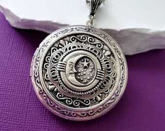 Art Nouveau Moon Stars Locket | Necklace | Large Celestial Pendant | Decorative Design | Fantasy Astrology | Star Gaze Dreamy Unique Gift