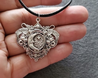 Celestial Moon Stars | Black Cord Necklace | Lunar Pendant | Half Moon | Crescent | Decorative | Gift Idea | Steampunk Rustic Victorian