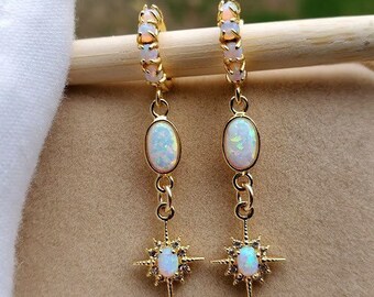 Starburst Opal Earrings | Gold Huggies | 14k Gold Plated | Celestial Dangling Jewelry | Birthstone Accessory | Christmas Gift Idea for Her