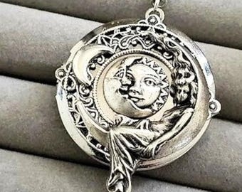 Mond Göttin Medaillon | Silber Halskette | Halbmond Schmuck | Himmlische Sonne Anhänger | Galaxie Luna Schmuck | Vintage-Stil | Auf dem Mond sitzen