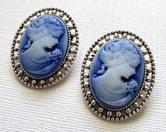 Blue Cameo Brooch Pin - Victorian - First Lady - Silver Oval - Gifts For Mom - Medieval - Renaissance
