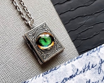Green Dragon Eye Book Locket Necklace Pendant Photo Locket Chinese Dragon Wizard Magic Fantasy Steampunk Journal Charm EA700