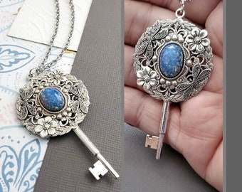 Silver Floral Key Necklace Blue Opal Key Pendant Steampunk Fantasy Jewelry With Dragonfly EA796