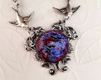 Humming Bird Fire Opal Dragons Breath Necklace Morning Glory Pendant Silver Electric Blue Red Maroon Long or Shorter Chain Length EA148