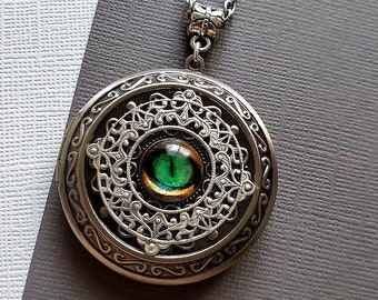 Green Eye Dragon Locket Necklace Fantasy Sci fi Geek Wiccan Lord Of The Rings Pressed Floral Design Custom Chain Length E212