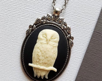 Owl Necklace Cameo Large Pendant Woodland Nature Animal Tree Bird Greek Leaf Arch Frame Night Watch EA228