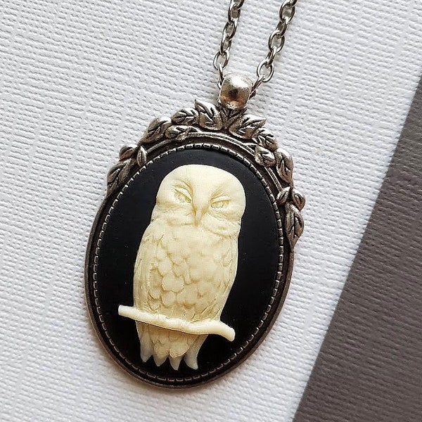 Hibou Collier Caméo Grand Pendentif Bois Nature Animal Arbre Oiseau Grec Feuille Arche Cadre Nuit Garde EA228