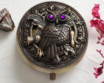Owl Pill Box | Wild Life Jewelry | Antique Bronze Pill box | Round Owl Photo Box | Vintage Style Inspired | Victorian Animal Picture Family