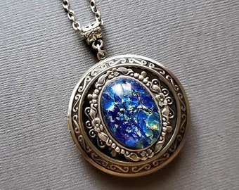 Large Locket Blue Fire Opal Necklace - Photo Keepsake - Sea Cabochon Pressed Floral Decorative Round Coin Holder E206