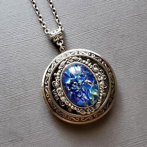 Large Locket Blue Fire Opal Necklace - Photo Keepsake - Sea Cabochon Pressed Floral Decorative Round Coin Holder E206