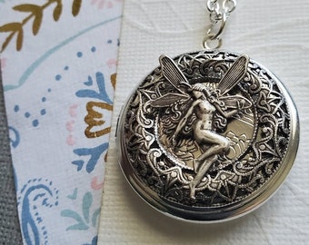 Silver Fairy Locket - Photo Picture Necklace - Enchantment Magical Dream Whimsical Round Pendant  EA764
