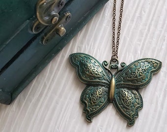 Bronze Patina Butterfly Necklace | Large Butterfly Pendant | Green Jewelry | Spring Butterflies | Gift Ideas For Her | BFF Gift