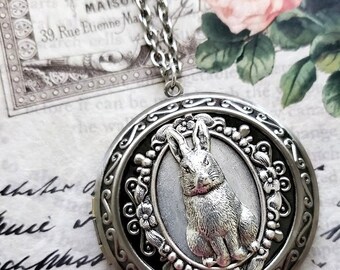 Large Bunny Rabbit Locket Necklace ~ Silver ~ Pill Box ~ Trinket Purse ~ Coin Holder EA772