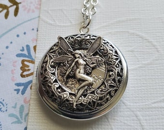 Médaillon de fée en argent - Collier photo - Pendentif rond fantaisiste Rêve magique enchantement EA764