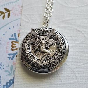 Silver Fairy Locket Photo Picture Necklace Enchantment Magical Dream Whimsical Round Pendant EA764 image 1