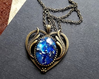 Heart Necklace Blue Fire Opal Night Sky Dreams Forever Always Wings Dichroic Glass Stone A134